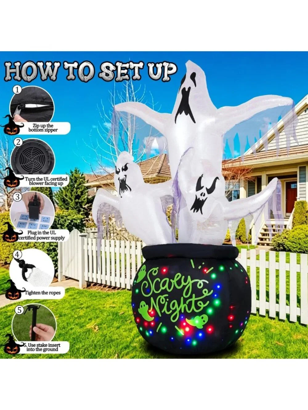 8FT Outdoor Halloween Inflatable Ghost Decoration with LED Lights - Spooky Fun!